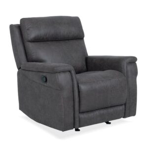 Plush black recliner chair with adjustable headrest and built-in lumbar support for maximum comfort. Perfect for living rooms and home theaters.