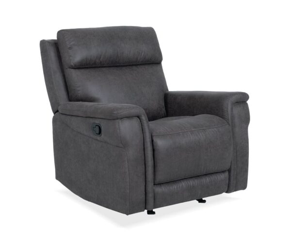 Plush black recliner chair with adjustable headrest and built-in lumbar support for maximum comfort. Perfect for living rooms and home theaters.