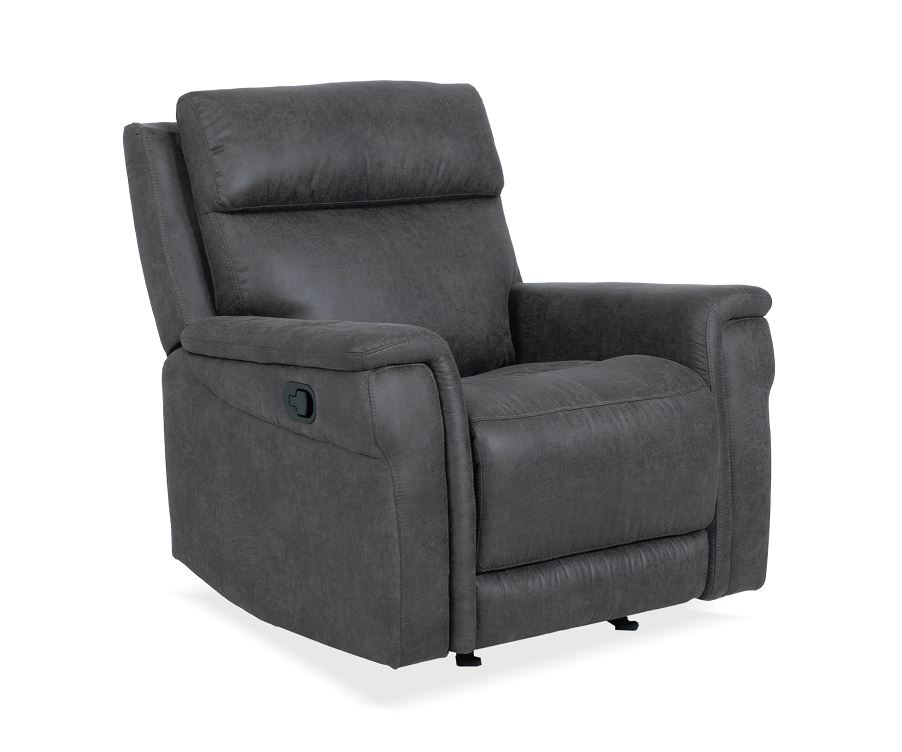 Plush black recliner chair with adjustable headrest and built-in lumbar support for maximum comfort. Perfect for living rooms and home theaters.